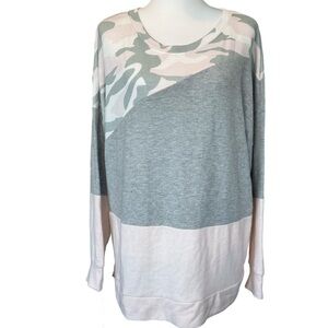 Socialite Curve Gray Pink and Cream Camouflage L/S Crewneck Sweater NWT